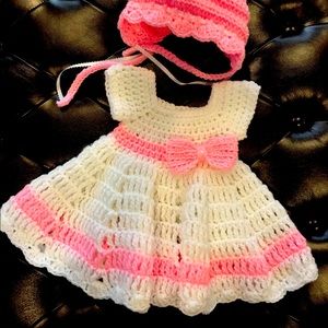 Handmade Crochet baby dress and bonnet.
